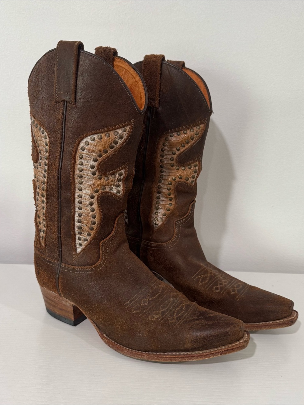 Frye Daisy Duke Python Studded Western Cowboy Boots Brown Leather Women’s 9M - Picture 2 of 11